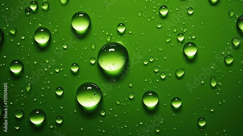 Water drops on green background. Top view
