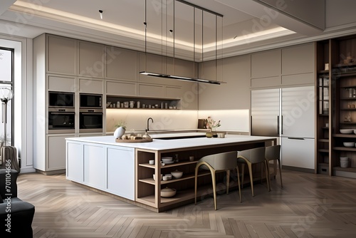 Spacious modern classic minimalist kitchen with sleek surfaces  integrated appliances  and a functional yet elegant layout