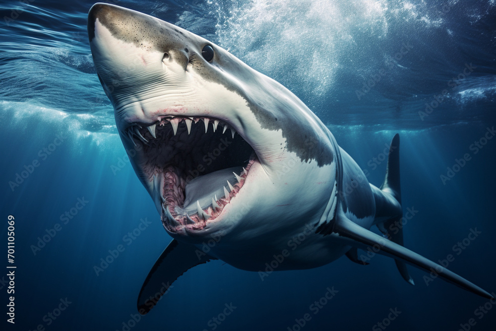 Fototapeta premium Great white shark lunging underwater with its jaws wide open.