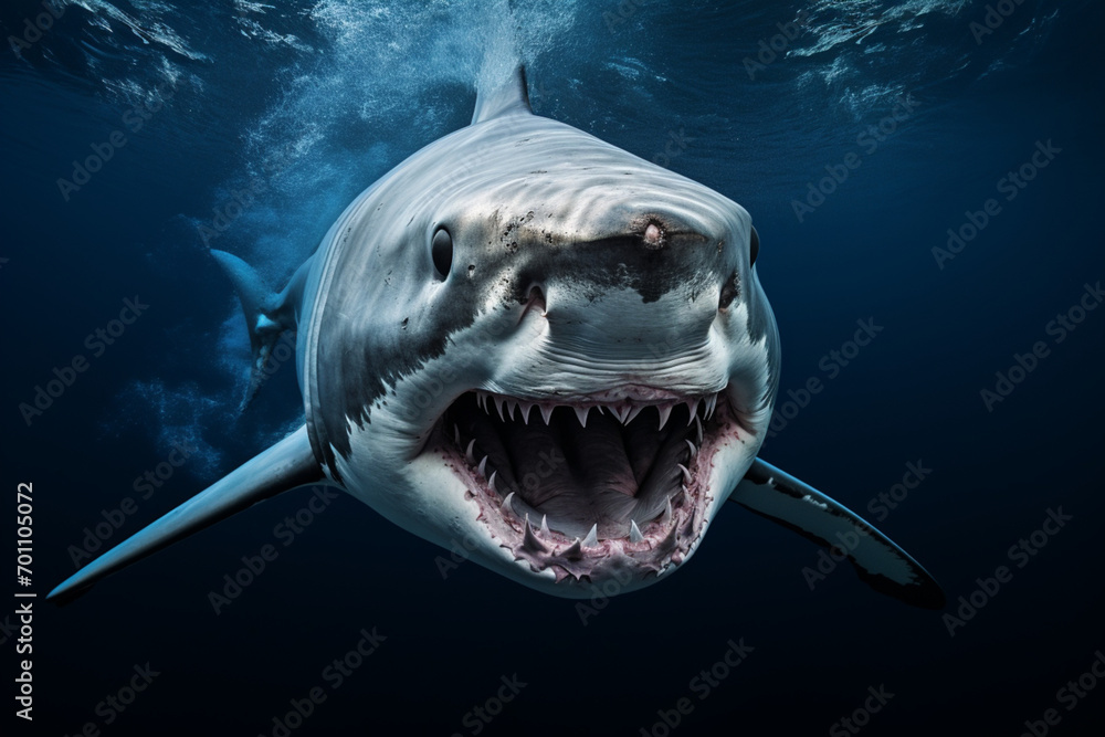 Fototapeta premium Great white shark lunging underwater with its jaws open.