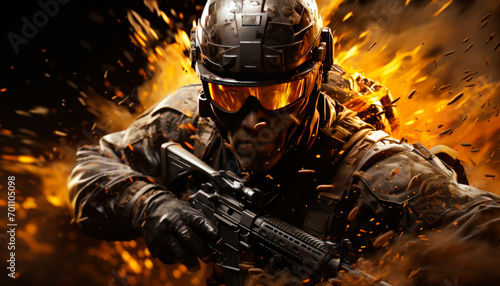 Call of duty video games soldier. A soldier with a gun in front of a blazing background