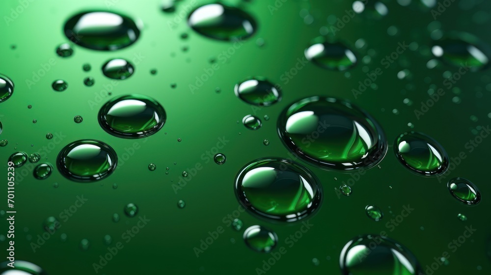 Water drops on green background. Macro shot of water droplets
