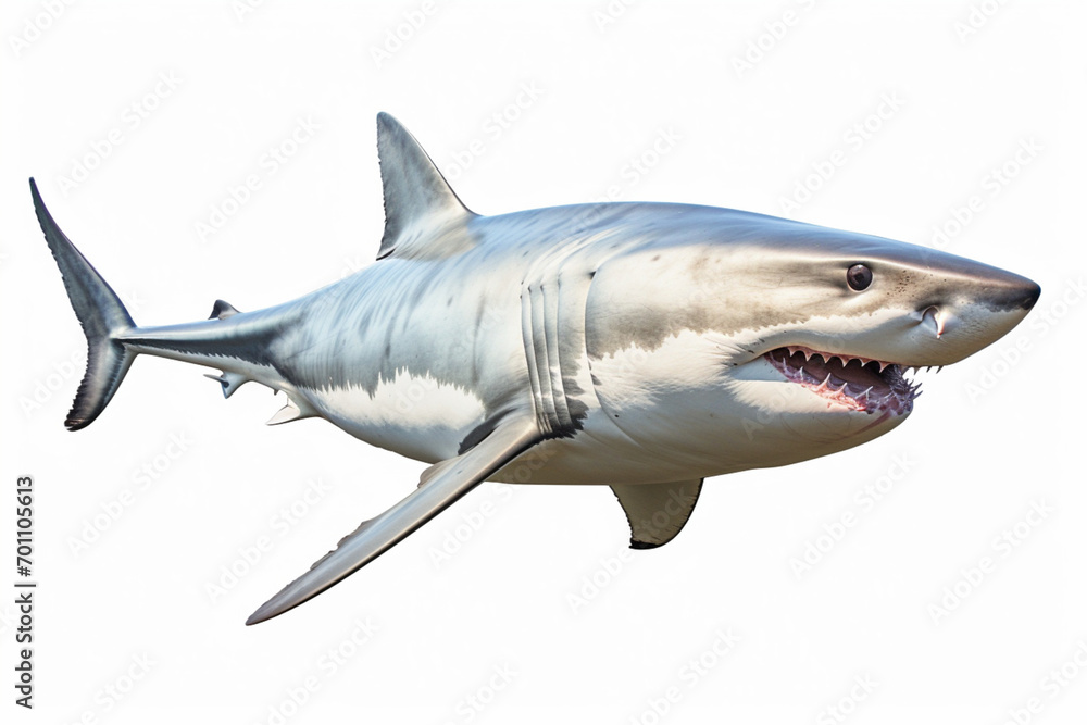 Obraz premium Great White Shark isolated on a white background. Animal side portrait.