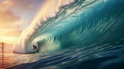 Surfer rides giant blue ocean wave. Extreme sport and active lifestyle concept