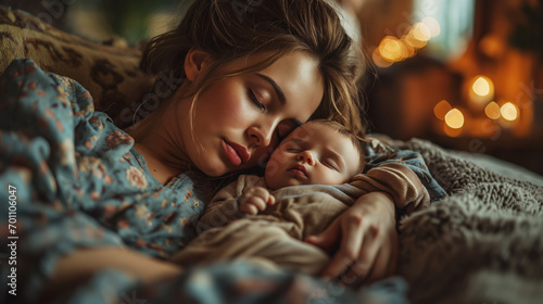 Sleeping mother and a sleeping baby on the couch in a cozy living room of a village cottage photo