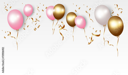 Golden, gray and pink balloons with gold ribbons, winding, rainbow confetti. Vector illustration for cards, parties,