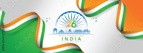 26 th January Indian Republic Day banner template design with Indian flag and silhouette of Indian monument.