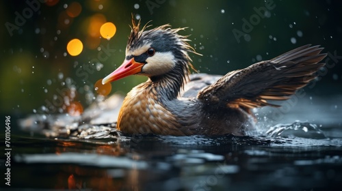 Great crested grebe, Podiceps cristatus, swimming in water with bokeh background © Ali