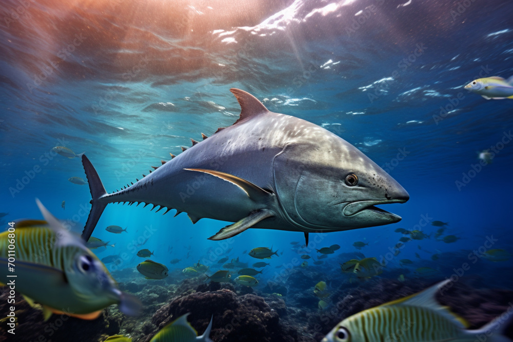 Fototapeta premium Sea Turtle swimming underwater. Animal side portrait.