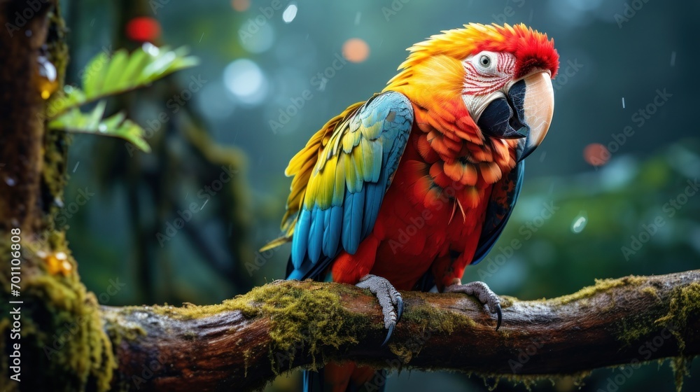 beautiful Scarlet macaw sitting on a branch in the rainforest