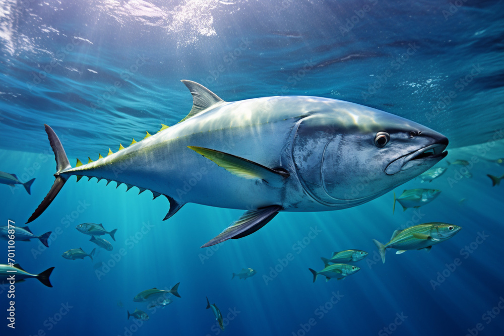 Fototapeta premium Sea Turtle swimming underwater. Animal side portrait.