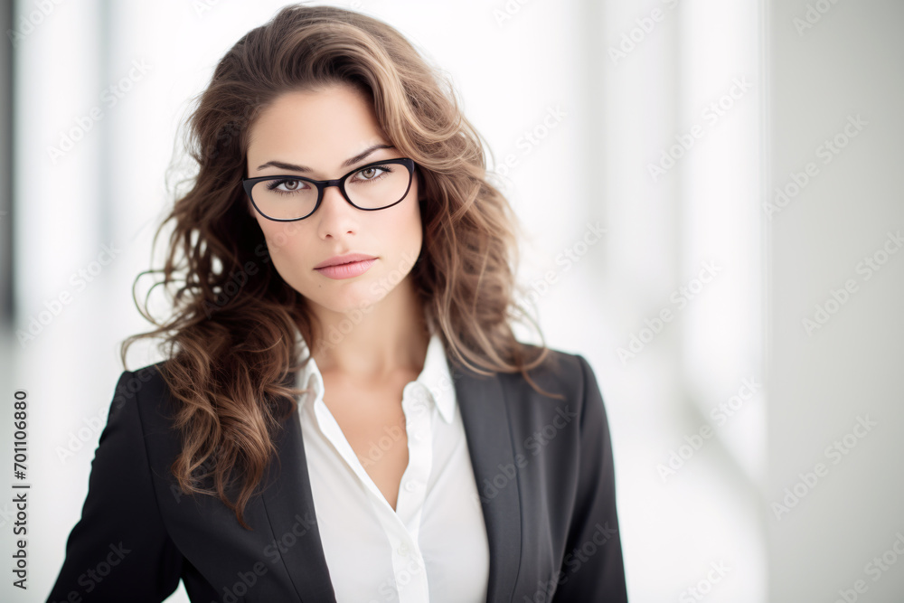 young businesswoman with long wavy hair in office young businesswoman with long wavy hair in office