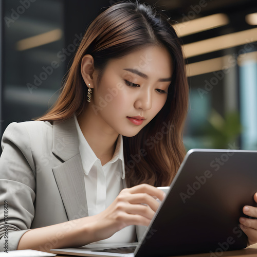 A woman using a laptop at the office