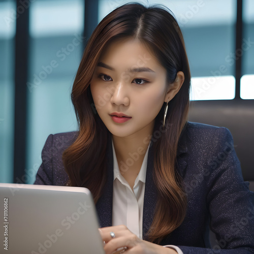 A woman using a laptop at the office