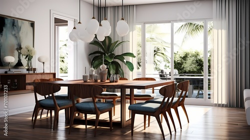 Stylish dining area with a classic mid-century dining table, molded chairs, and a mix of retro and contemporary decor