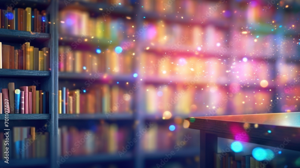 Bookshelf with books and colorful bokeh background