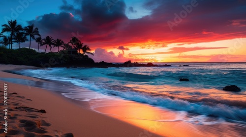 Concept of vacation in an exotic country. Gorgeous sunset on the ocean