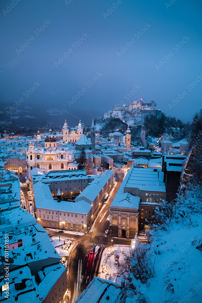 Salzburg at twilight in winter, Salzburger Land, Austria