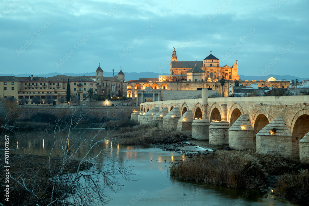 View of the Roman bridge over the Guadalquivir river and the mosque and cathedral in Córdoba, Andalusia, Spain with artificial light at dusk