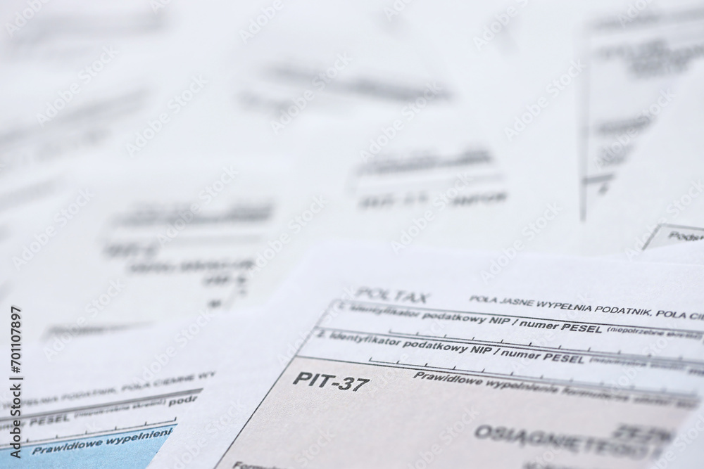 Very big amount of polish tax form blanks with PIT, CIT and VAT categories. Accounting, bureaucracy and taxpayers routine in Poland concept Very big amount of polish tax form blanks with PIT, CIT and VAT categories. Accounting, bureaucracy and taxpayers routine in Poland concept