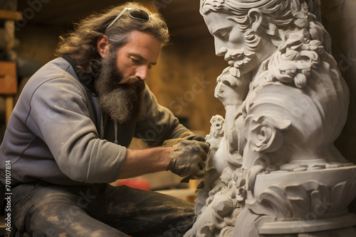Stone mason making a marble sculpture, stone carving, stonemason photo