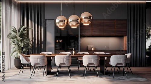 Stylish dining area with a minimalist aesthetic, designer lighting, and a blend of natural and metallic finishes