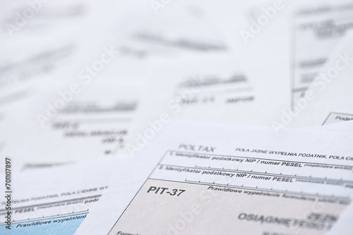 Very big amount of polish tax form blanks with PIT, CIT and VAT categories. Accounting, bureaucracy and taxpayers routine in Poland concept
