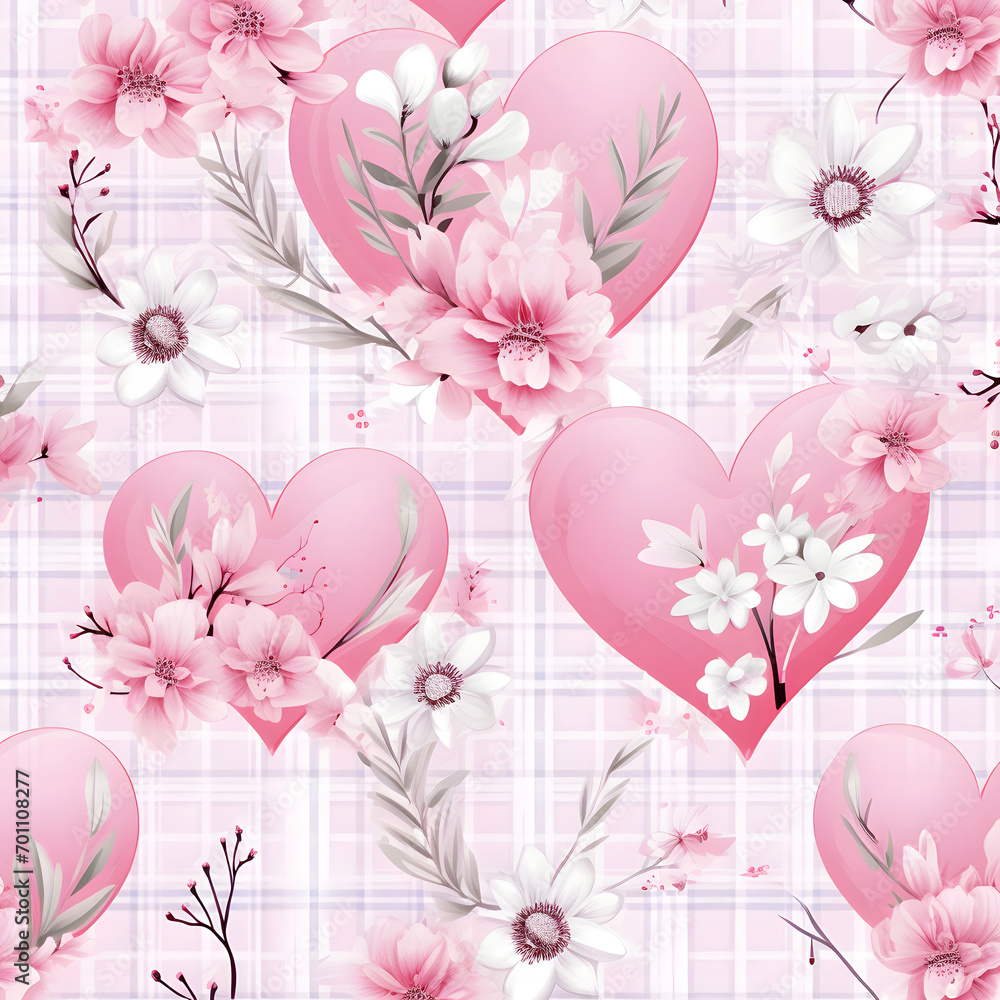 Romantic pink hearts with spring flowers on pastel light background for Valentine day.