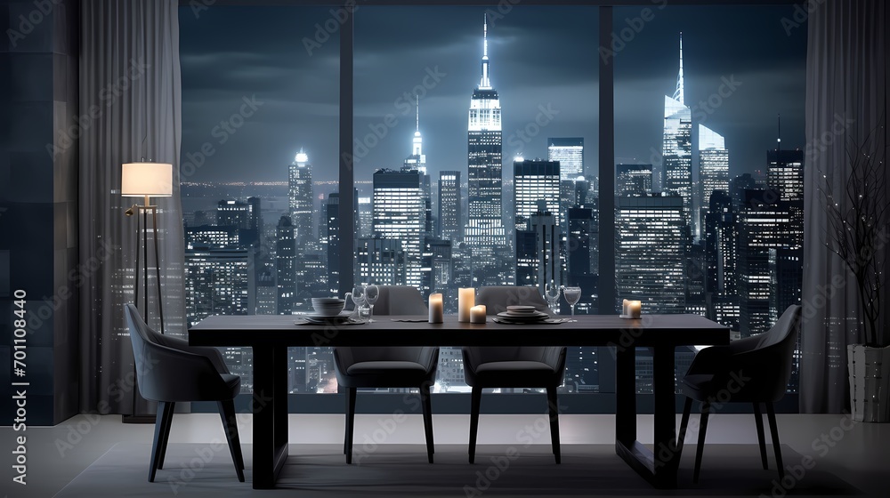 Stylish dining room with a monochromatic color scheme, sleek furniture, and a captivating city skyline as a backdrop