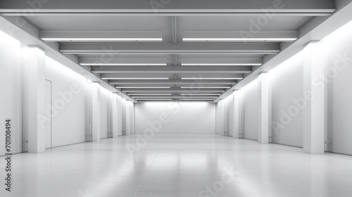 Industrial design project empty hall with led lights on top, grey walls and glossy concrete floor	 photo