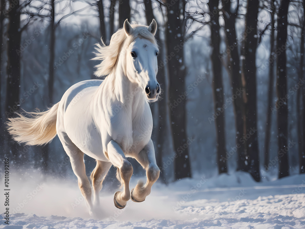 Wild Horse Running Through Snowcovered Field. Generative AI