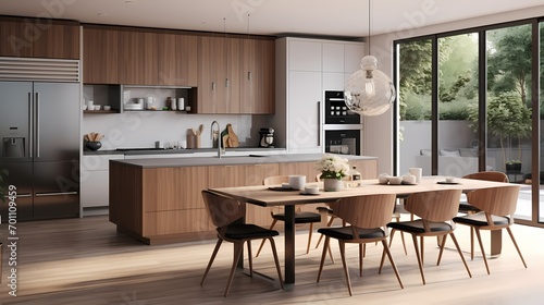 Stylish mid-century kitchen featuring Danish design elements  sleek appliances  and a seamless blend of form and function