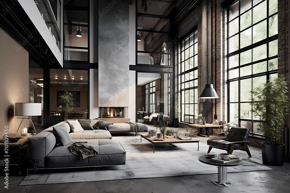 Stylish modern classic minimalist loft interior, combining contemporary aesthetics with timeless design principles