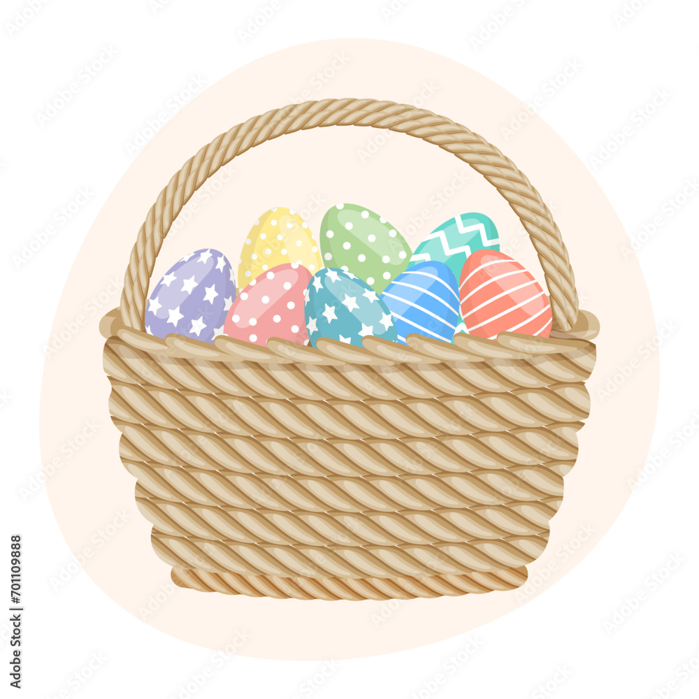Wicker basket with Easter eggs. Colorful easter illustration, greeting card, vector