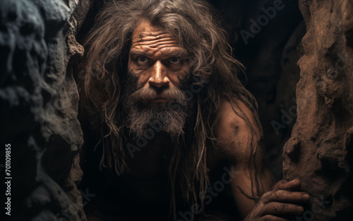 Close up face of a primitive caveman staring in the cave.Neanderthal.Homo Sapiens. Generative AI