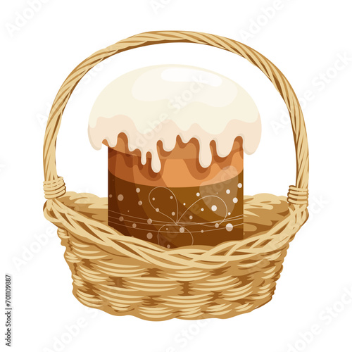 Wicker basket with Easter cake. Colorful easter illustration, greeting card, vector