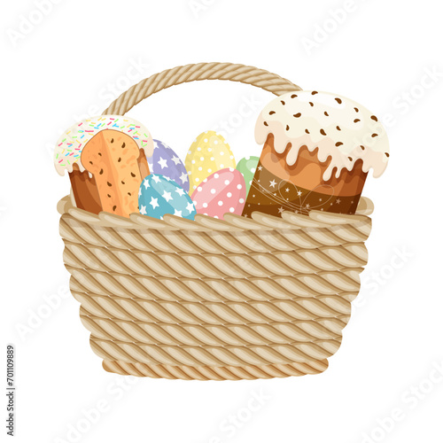 Wicker basket with Easter cakes and Easter eggs. Colorful easter illustration, greeting card, vector