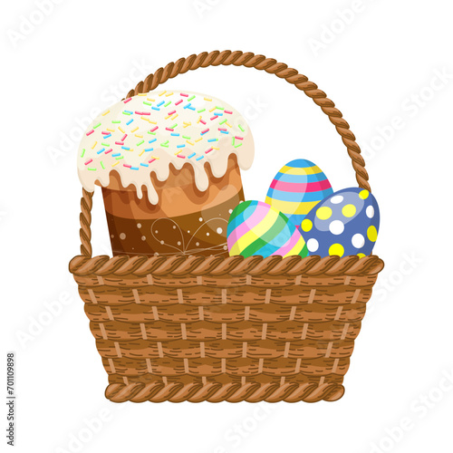 Wicker basket with Easter cakes and Easter eggs. Colorful easter illustration, greeting card, vector