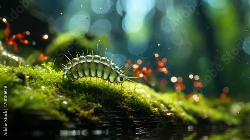 Caterpillar on moss in the rainforest  close-up
