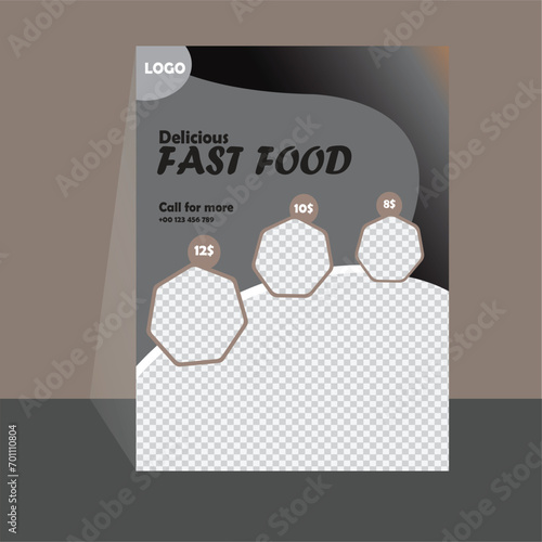 Fast Food Flyer Design Template cooking, cafe and restaurant menu, food ordering, junk food. Pizza, Burger, French fries and Soda. black and white background color with stripe line shape.

