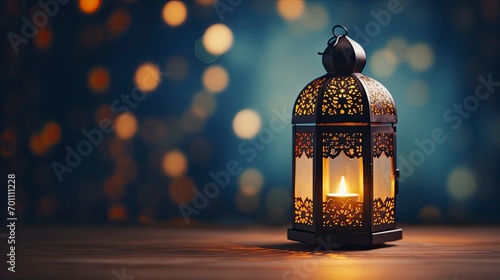 Ramadan Lantern in low light mode with arabesque background, copy space with generative ai photo