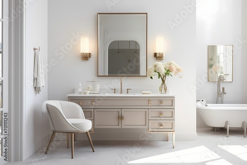 Timelessly chic modern classic minimalist bathroom with a vanity mirror, elegant sink, and neutral color scheme © CREATER CENTER