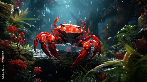 Red crab in an aquarium with rain drops photo