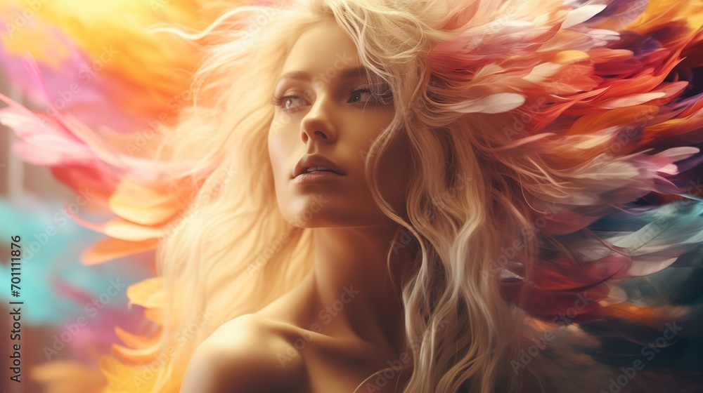 blonde rainbow woman, real photo of a cinematic frame, beautiful female, colorfull portrair, shiny skin, clear skin, colorfull background