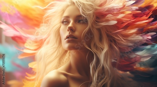 blonde rainbow woman  real photo of a cinematic frame  beautiful female  colorfull portrair  shiny skin  clear skin  colorfull background