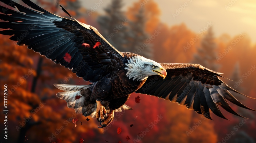 Fototapeta premium Bald Eagle flying in the autumn forest