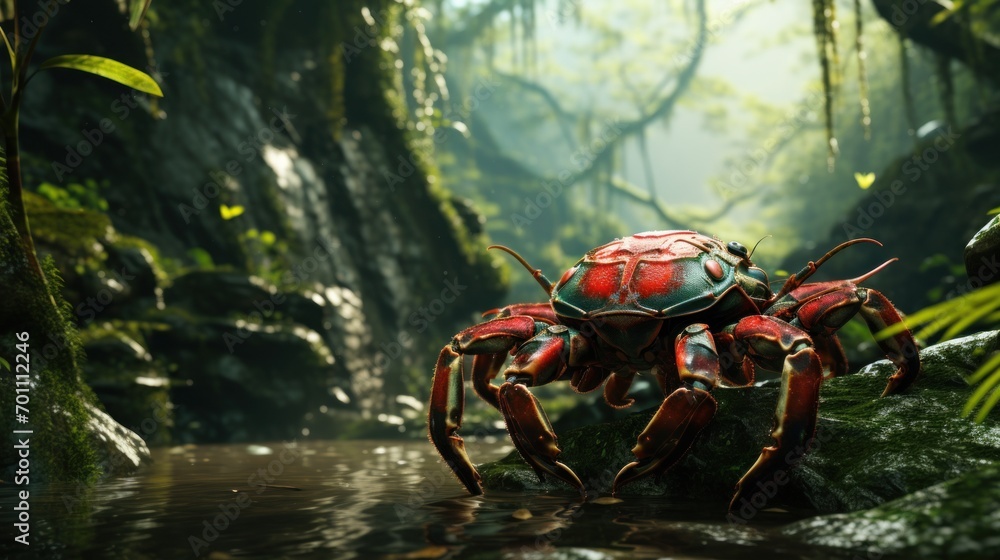 Red crab on a rock in the rainforest - obrazy, fototapety, plakaty 