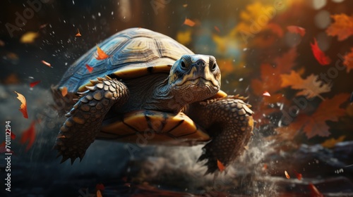 Turtle in the forest on a background of autumn leaves and rain
