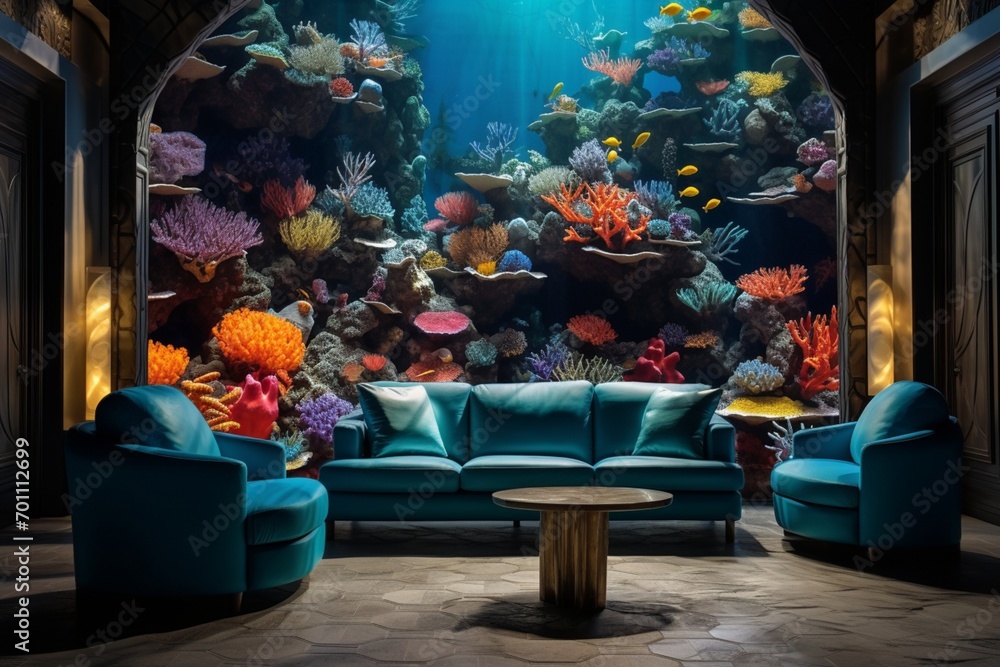A luxury living room featuring a 3D intricate colorful underwater seascape wall mural, with aqua blue accents and modern furniture.