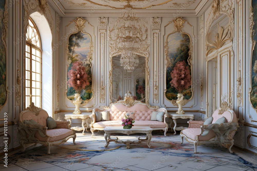 A luxury living room featuring a 3D intricate colorful French Rococo style wall, with ornate detailing and luxurious fabrics.